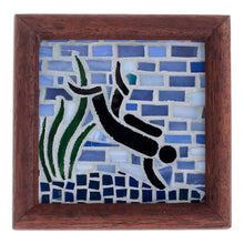 Load image into Gallery viewer, Scuba Diver-Themed Teak Wood and Glass Mosaic Wall Accent - Ultramarine Mosaic | NOVICA
