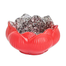 Load image into Gallery viewer, Red Resin Lotus Tealight Candleholder with Silver Glitter - Passionate Peace | NOVICA
