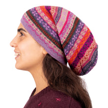 Load image into Gallery viewer, Jacquard Knit 100% Alpaca Hat in Pink Fuchsia and Lavender - La Vie en Rose | NOVICA
