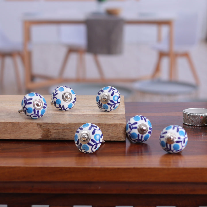 Set of 6 Handcrafted Blue and White Leafy Ceramic Knobs - The Forest Blue | NOVICA