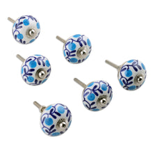 Load image into Gallery viewer, Set of 6 Handcrafted Blue and White Leafy Ceramic Knobs - The Forest Blue | NOVICA
