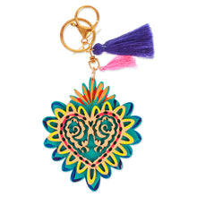 Load image into Gallery viewer, Hand-Painted Wood Heart Keychain &amp; Bag Charm with Tassels - Shimmering Heart | NOVICA

