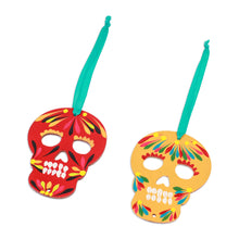 Load image into Gallery viewer, Pair of Hand-Painted Wood Day of the Dead Skull Ornaments - Mexican Tradition | NOVICA
