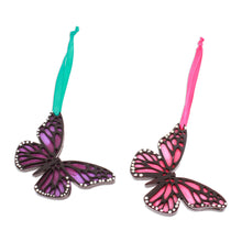 Load image into Gallery viewer, Pair of Hand-Painted Wood Butterfly Ornaments with Ribbons - Monarchs of Hope | NOVICA
