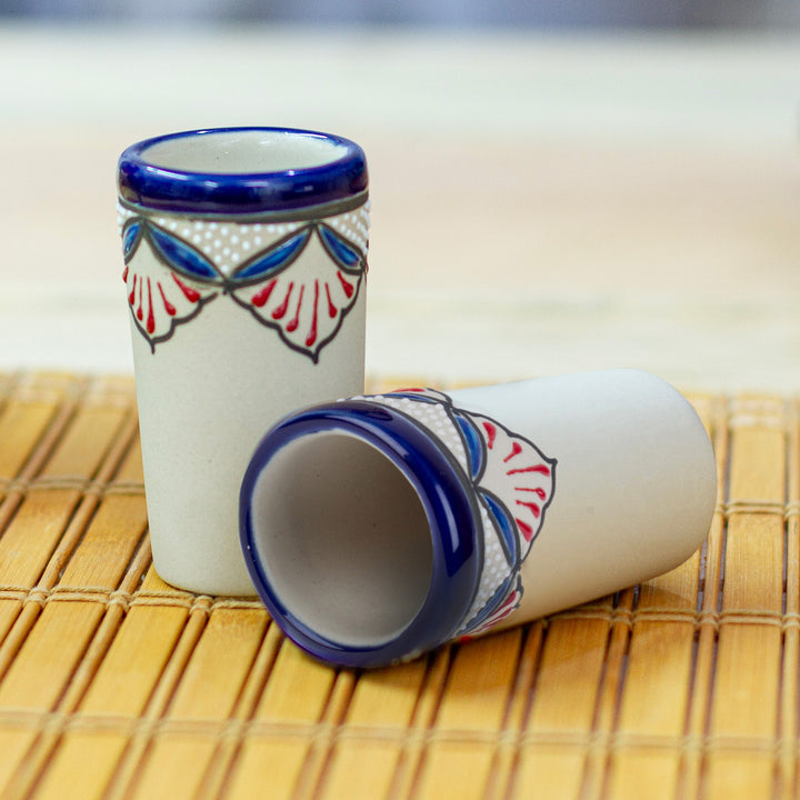 Pair of Hand-Painted Talavera-Style Ceramic Tequila Cups - Talavera Flourish | NOVICA