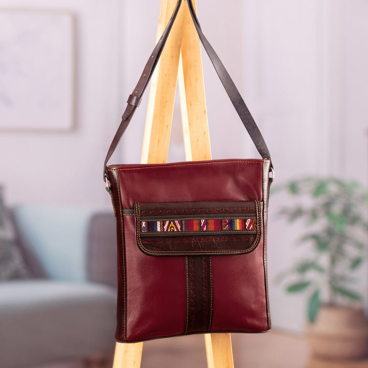 Burgundy Leather Sling Bag with Hand Loomed Wool Accent - Route to Adventure | NOVICA