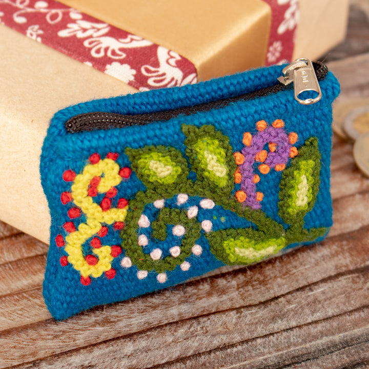 Handcrafted Leaf-Themed Blue Wool Coin Purse from Peru - Eden Blue | NOVICA