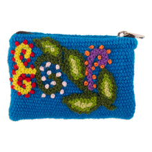 Load image into Gallery viewer, Handcrafted Leaf-Themed Blue Wool Coin Purse from Peru - Eden Blue | NOVICA
