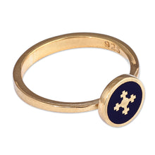 Load image into Gallery viewer, Hand-Painted Navy 18k Gold-Plated Marash Cocktail Ring - Marash Magic | NOVICA
