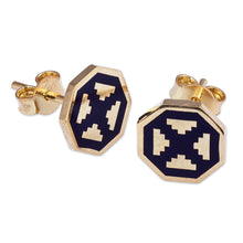 Load image into Gallery viewer, Polished Geometric Navy 18k Gold-Plated Stud Earrings - This Magical Eternity | NOVICA
