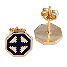 Load image into Gallery viewer, Polished Geometric Navy 18k Gold-Plated Stud Earrings - This Magical Eternity | NOVICA
