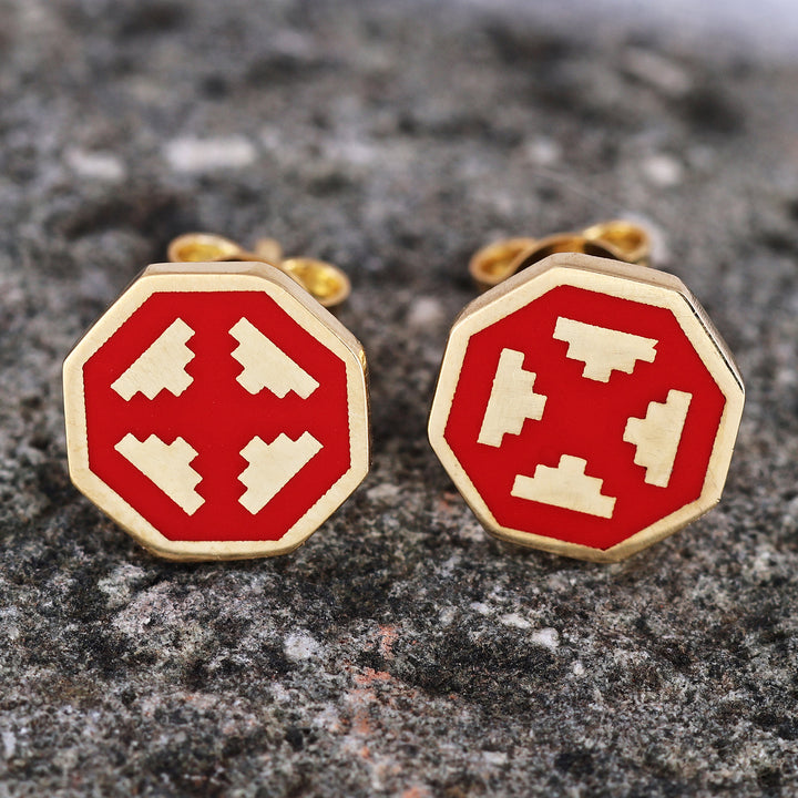 Polished Geometric Red 18k Gold-Plated Stud Earrings - This Passionate Eternity | NOVICA