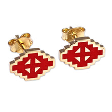 Load image into Gallery viewer, Hand-Painted Red 18k Gold-Plated Vishap Stud Earrings - Vishap Passion | NOVICA
