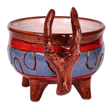 Load image into Gallery viewer, Painted Bull-Themed Brown and Blue Ceramic Decorative Bowl - Serene Horns | NOVICA
