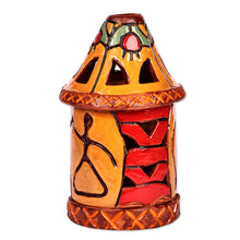 Load image into Gallery viewer, Handcrafted Traditional Yellow and Red Ceramic Candleholder - Joyous Beacon | NOVICA
