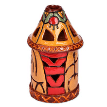 Load image into Gallery viewer, Handcrafted Traditional Yellow and Red Ceramic Candleholder - Joyous Beacon | NOVICA
