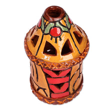 Load image into Gallery viewer, Handcrafted Traditional Yellow and Red Ceramic Candleholder - Joyous Beacon | NOVICA
