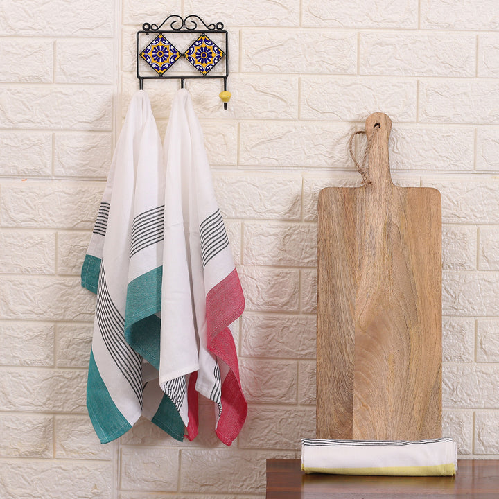 Set of 3 Teal, Red and Yellow Striped Cotton Dish Towels - Stripes of Elegance | NOVICA