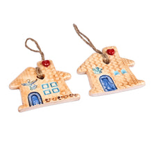 Load image into Gallery viewer, Pair of Hand-Painted House-Shaped Glazed Ceramic Ornaments - Christmas Homecoming | NOVICA
