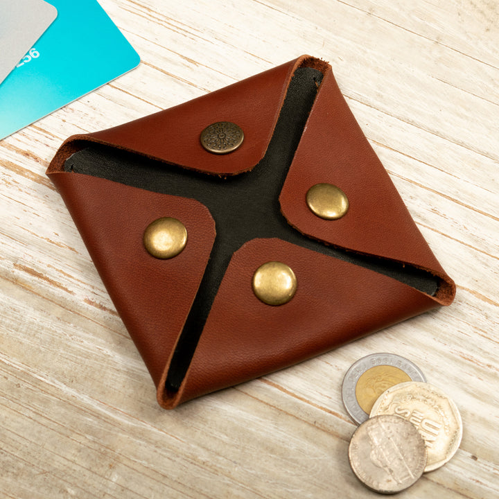 Men's Modern Geometric Coffee Leather Coin Holder - Modern Collective | NOVICA