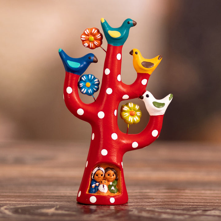 Hand-Painted Tree-Shaped Floral Ceramic Sculpture in Red - The Vibrant Tree Family | NOVICA