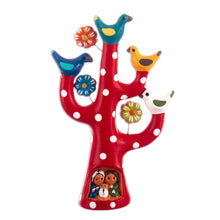 Load image into Gallery viewer, Hand-Painted Tree-Shaped Floral Ceramic Sculpture in Red - The Vibrant Tree Family | NOVICA
