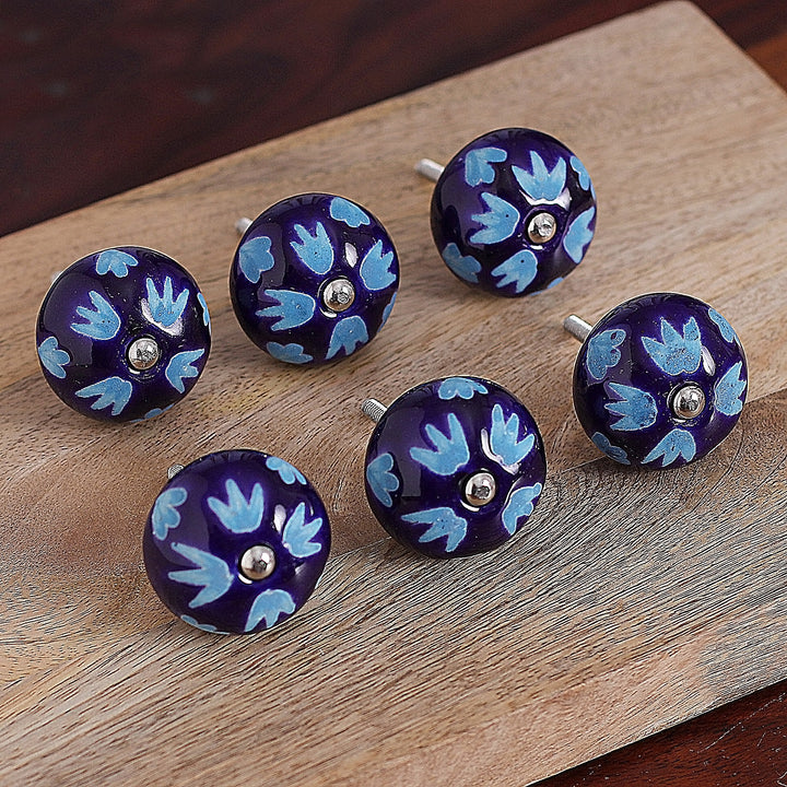 Set of Six Hand-Painted Leafy Round Blue Ceramic Knobs - Midnight Foliage | NOVICA