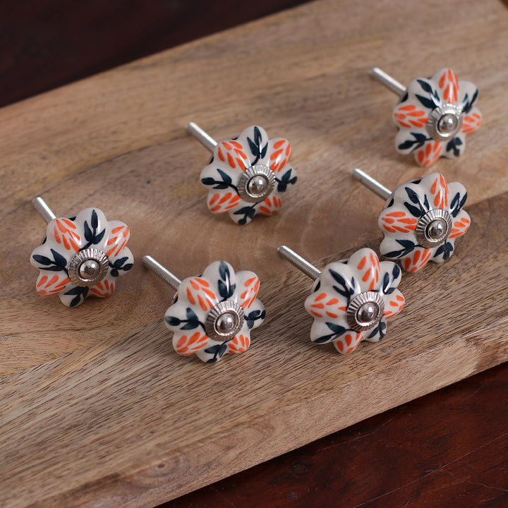 Set of Six Hand-Painted Leafy Flower-Shaped Ceramic Knobs - Flower Sunshine | NOVICA
