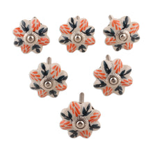 Load image into Gallery viewer, Set of Six Hand-Painted Leafy Flower-Shaped Ceramic Knobs - Flower Sunshine | NOVICA
