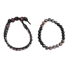 Load image into Gallery viewer, Men&#39;s Black Leather and Dark Agate Bracelets (Set of 2) - Shadow Energies | NOVICA
