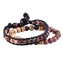 Load image into Gallery viewer, Men&#39;s Black Leather and Natural Jasper Bracelets (Set of 2) - Fearless Energies | NOVICA
