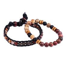 Load image into Gallery viewer, Men&#39;s Black Leather and Natural Jasper Bracelets (Set of 2) - Fearless Energies | NOVICA
