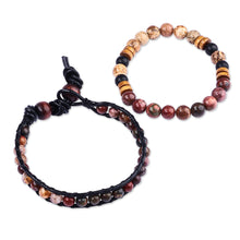 Load image into Gallery viewer, Men&#39;s Black Leather and Natural Jasper Bracelets (Set of 2) - Fearless Energies | NOVICA
