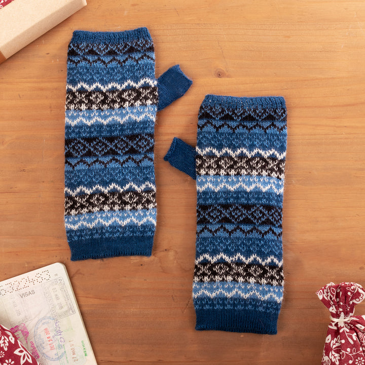 100% Baby Alpaca Knit Fingerless Mitts in Blue from Peru - Humantay Lake | NOVICA