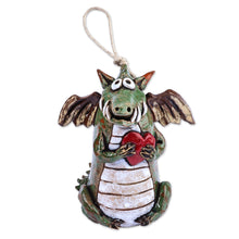 Load image into Gallery viewer, Handcrafted and Painted Green Dragon Ceramic Bell Ornament - Dragon Love | NOVICA
