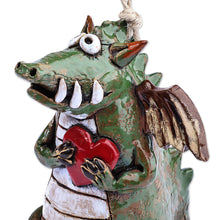 Load image into Gallery viewer, Handcrafted and Painted Green Dragon Ceramic Bell Ornament - Dragon Love | NOVICA
