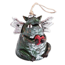 Load image into Gallery viewer, Handcrafted and Painted Dragon &amp; Heart Ceramic Bell Ornament - Love-Struck Dragon | NOVICA
