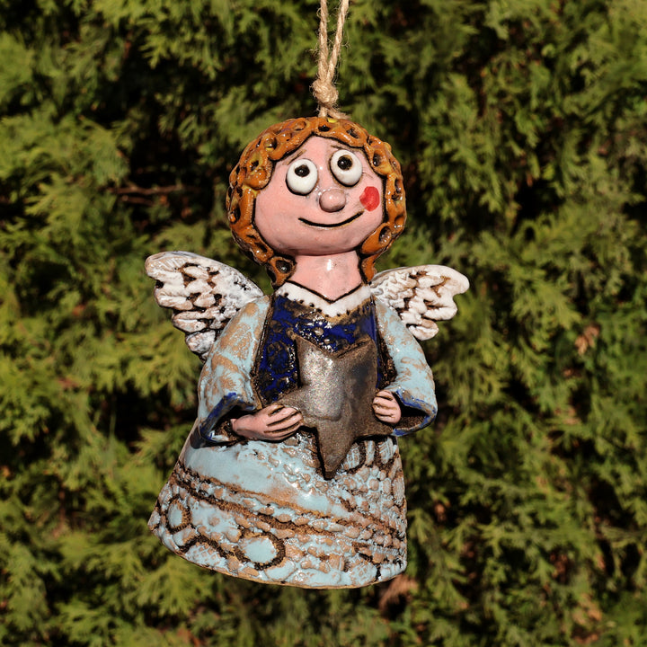 Hand-Painted Star and Angel-Themed Ceramic Bell Ornament - Starkeeper Angel | NOVICA