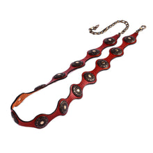 Load image into Gallery viewer, Antiqued Finished Metal and Red Leather Belt from Armenia - Fiery Cores | NOVICA
