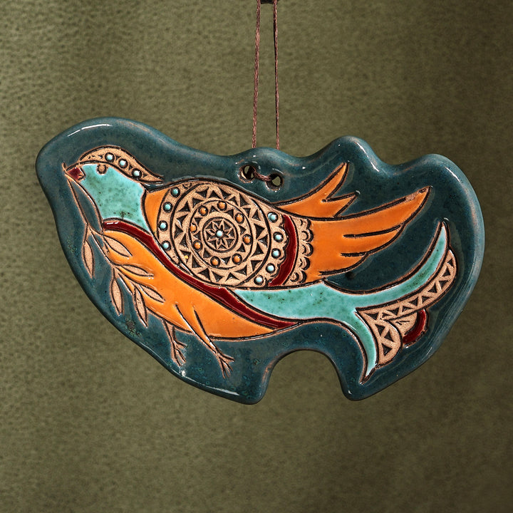 Traditional Pigeon-Themed Teal Ceramic Daghghan Wall Decor - Peaceful Pigeon | NOVICA
