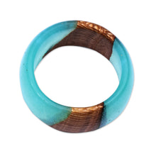 Load image into Gallery viewer, Handcrafted Apricot Wood and Turquoise Resin Band Ring - Turquoise Emblem | NOVICA
