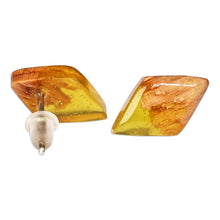 Load image into Gallery viewer, Diamond-Shaped Apricot Wood and Yellow Resin Button Earrings - Jewels From the Sun | NOVICA
