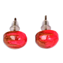 Load image into Gallery viewer, Round Beechwood and Pink Resin Stud Earrings from Armenia - Pink Forever | NOVICA
