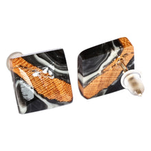 Load image into Gallery viewer, Diamond-Shaped Apricot Wood and Black Resin Button Earrings - Nocturnal Diamond | NOVICA
