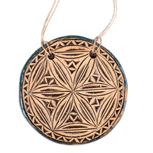 Load image into Gallery viewer, Geometric Floral Patterned Teal Ceramic Amulet Home Accent - Destiny Blossom | NOVICA
