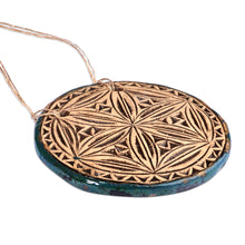 Load image into Gallery viewer, Geometric Floral Patterned Teal Ceramic Amulet Home Accent - Destiny Blossom | NOVICA
