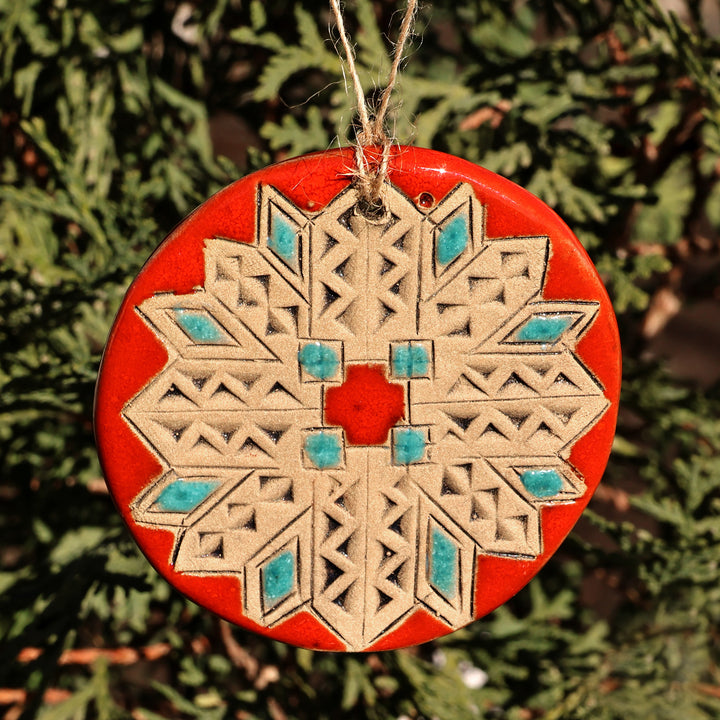 Painted Floral Red and Turquoise Ceramic Amulet Home Accent - Red Blessings | NOVICA