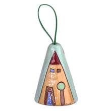 Load image into Gallery viewer, Hand-Painted Green and Yellow Glazed Ceramic Bell Ornament - House and Peace | NOVICA
