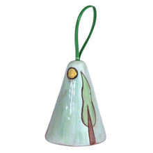 Load image into Gallery viewer, Hand-Painted Green and Yellow Glazed Ceramic Bell Ornament - House and Peace | NOVICA
