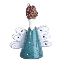 Load image into Gallery viewer, Hand-Painted Angel-Themed Teal Glazed Ceramic Bell Ornament - Angelic Melodies | NOVICA
